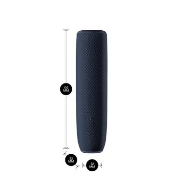 Ploom AURA device with a Navy Blue Back Cover shown with product dimensions: 10.2cm height x 2.2 cm width and 2.2 cm depth