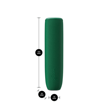 جهاز Ploom AURA مع غطاء خلفي بلون أخضر أمازوني مع أبعاد المنتج: ارتفاع 10.2 سم، وعرض 2.2 سم، وعمق 2.2 سم.
