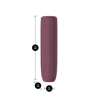جهاز Ploom AURA مع غطاء خلفي بلون الأوركيد الداكن مع أبعاد المنتج: ارتفاع 10.2 سم، وعرض 2.2 سم، وعمق 2.2 سم.