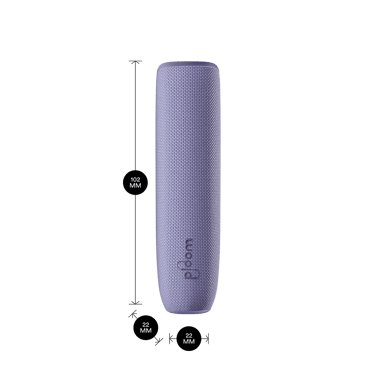 Ploom AURA device with a Lavender Back Cover shown with product dimensions: 10.2cm height x 2.2 cm width and 2.2 cm depth