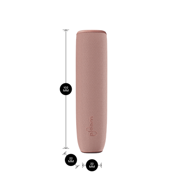 Ploom AURA device with a Rose Gold Back Cover shown with product dimensions: 10.2cm height x 2.2 cm width and 2.2 cm depth