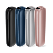 Four Ploom AURA heated tobacco devices in Jet Black, Navy Blue, Lunar Silver, and Rose Gold colors standing side by side