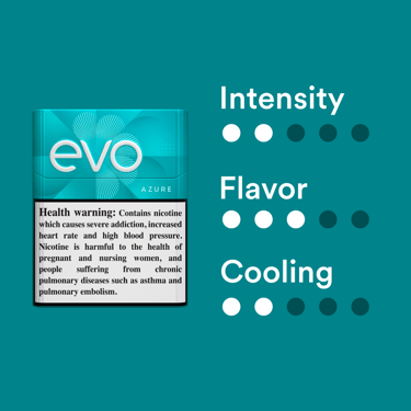 Ploom EVO Sticks Azure attributes: Intensity noted 2/5, Flavor noted 3/5, Cooling noted 2/5