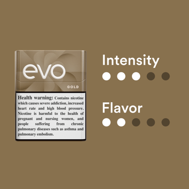 خصائص أعواد Ploom EVO Gold: شدة النكهة 3/5، والطعم 2/5.