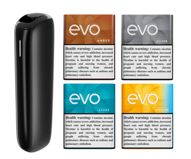 جهاز Ploom AURA Jet Black مع 4 عبوات EVO Sticks (الكهرماني، الفضي، الأزرق السماوي، الأصفر البرّاق)