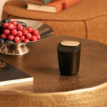 صينية أعواد Ploom الكبيرة واقفة على طاولة بنية.