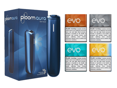 عبوة وجهاز Ploom AURA Navy Blue مع 4 عبوات EVO Sticks (الكهرماني، الفضي، الأزرق السماوي، الأصفر البرّاق)