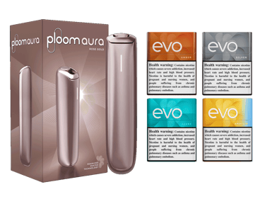عبوة وجهاز Ploom AURA Rose Gold مع 4 عبوات EVO Sticks (الكهرماني، الفضي، الأزرق السماوي، الأصفر البرّاق)