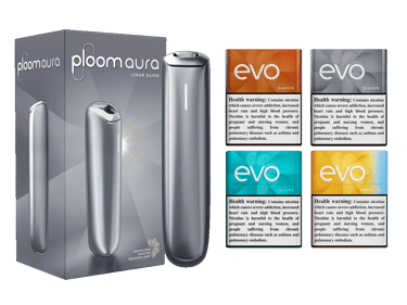 عبوة وجهاز Ploom AURA Lunar Silver مع 4 عبوات EVO Sticks (الكهرماني، الفضي، الأزرق السماوي، الأصفر البرّاق)